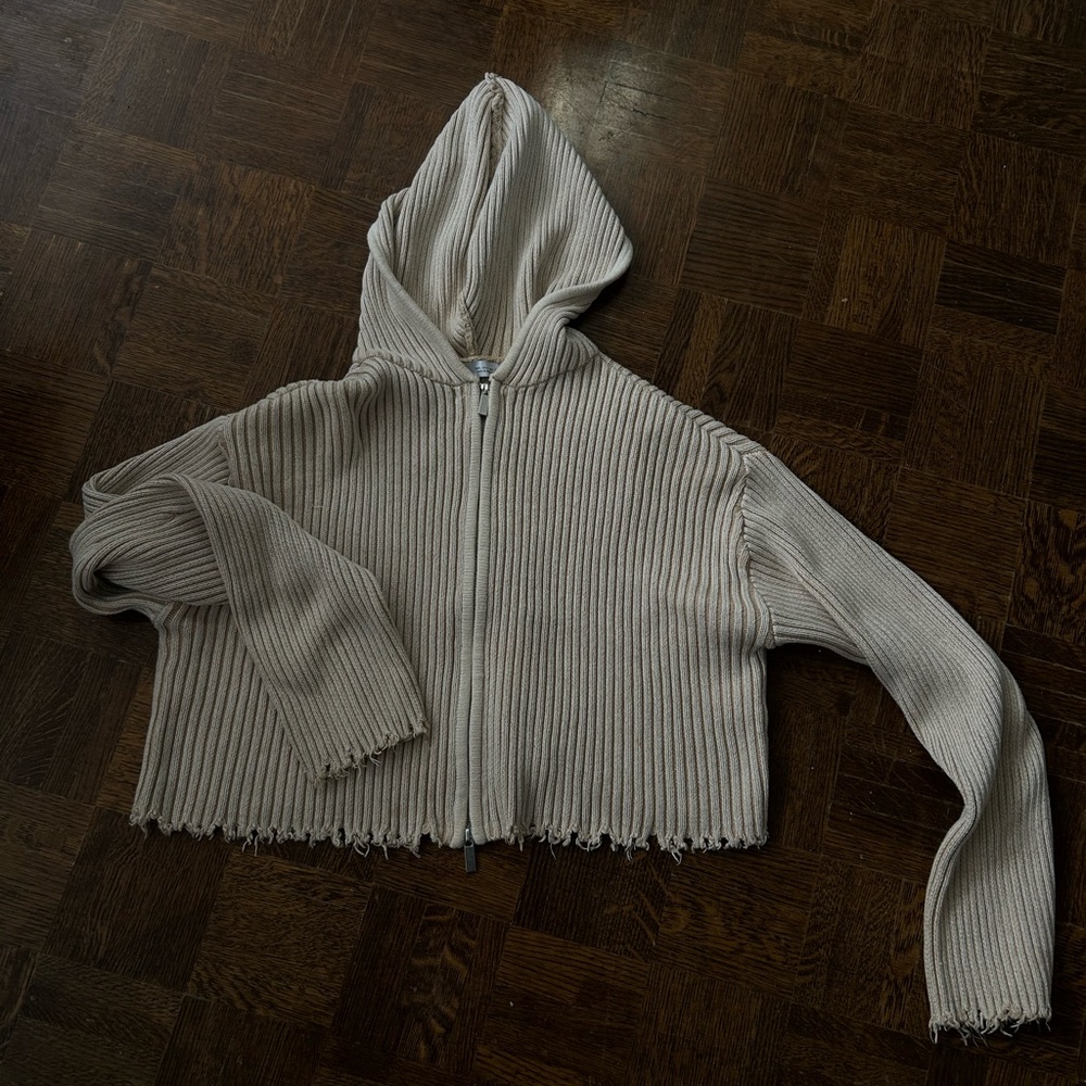 Zara beige Ribbed knit Zip-Up Hoodie